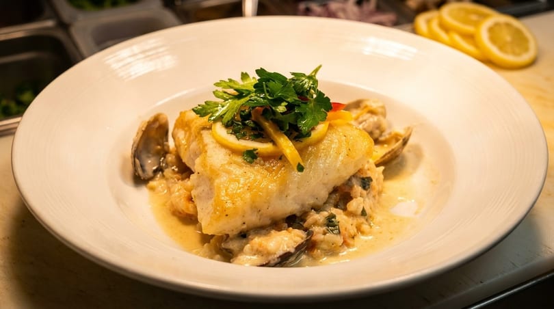 Pan-seared fish with clams, risotto, lemon, and parsley in a white bowl.