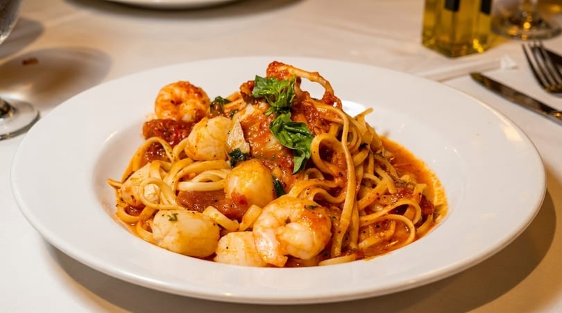 Seafood linguine with shrimp, scallops, and squid in red sauce, garnished with basil.